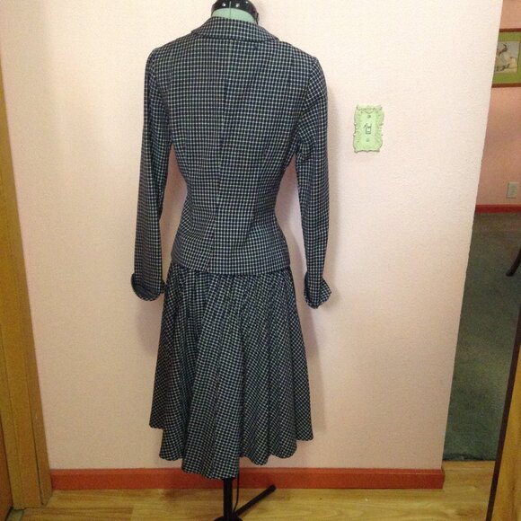 Vintage 1950s '50s New Look Nipped Fitted Waist Suit Micro Check Pattern Peplum - Picture 2 of 5